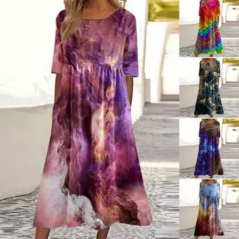 Женская мода повседневное пуловер с круглым вырезом и принтом с коротким рукавом свободное платье