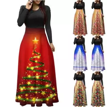 Женская мода повседневное рождественский принт с круглым вырезом и длинными рукавами большого размера длинные платья L золотой