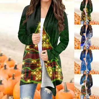 Женская мода повседневное рождественский принт средней длины Slim Fit кардиган пальто XXXXL синий