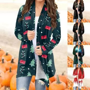 Женская мода повседневное рождественский принт средней длины Slim Fit кардиган пальто XXL красный