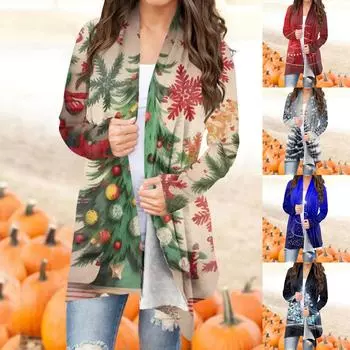 Женская мода повседневное рождественский принт средней длины Slim Fit кардиган пальто M зелёный