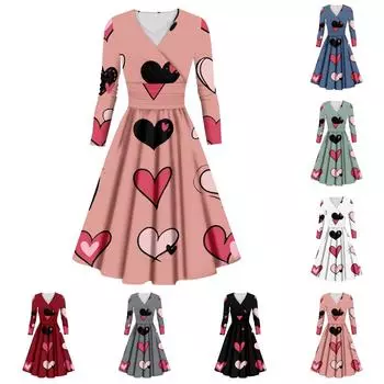 Женская мода повседневное сексуальное платье с длинным рукавом и v-образным вырезом с принтом ко Дню святого Валентина L чёрный