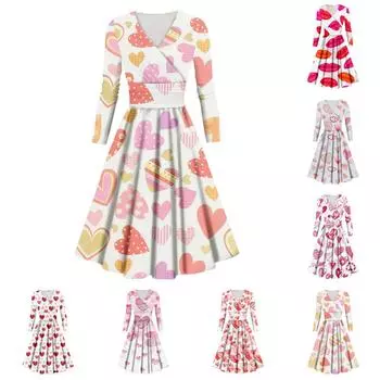 Женская мода повседневное сексуальное платье с длинным рукавом и v-образным вырезом с принтом ко Дню святого Валентина L