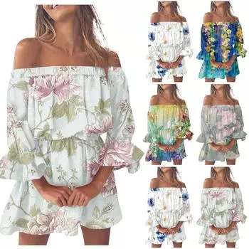 Женская мода повседневное сексуальное платье трапециевидной формы с принтом на одно плечо и средней талией с рюшами и рукавами S синий