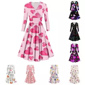 Женская мода повседневное сексуальное платье с длинным рукавом и v-образным вырезом с принтом ко Дню святого Валентина L чёрный