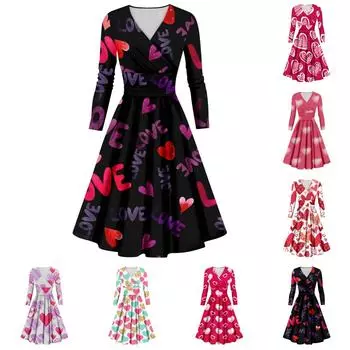 Женская мода повседневное сексуальное платье с длинным рукавом и v-образным вырезом с принтом ко Дню святого Валентина L чёрный