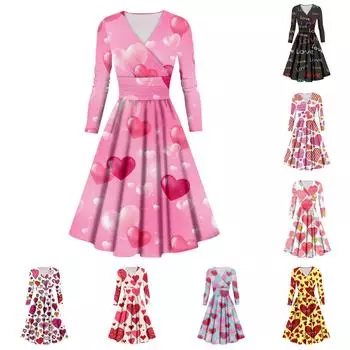 Женская мода повседневное сексуальное платье с длинным рукавом и v-образным вырезом с принтом ко Дню святого Валентина XL розовый