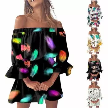 Женская мода повседневное сексуальное платье трапециевидной формы с принтом на одно плечо и средней талией с рюшами и рукавами S чёрный