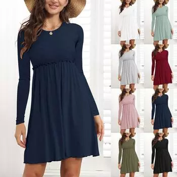 Женская мода повседневное сплошное цветное платье А-образной формы с круглым вырезом и длинными рукавами L