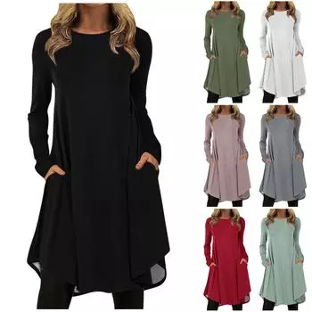 Женская мода повседневное сплошной цвет пуловер с круглым вырезом свободное платье с длинным рукавом M