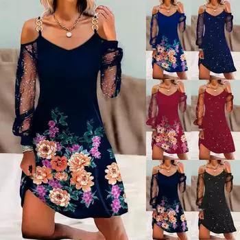 Женская мода повседневное свободное платье с длинными рукавами и лоскутным принтом в сеточку с рукавами L чёрный