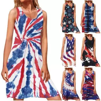 Женская мода повседневное свободное платье с круглым вырезом и пляжным принтом без рукавов L чёрный