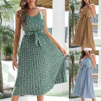 Женская мода повседневное свободное платье средней длины на шнуровке с цветочным принтом плиссированная юбка L зелёный