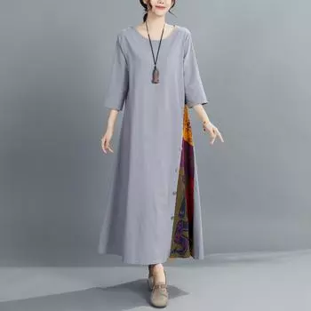 Женская мода, повседневное свободное свободное платье с длинными рукавами и коротким рукавом с цветочным принтом, праздничное платье макси размера плюс, винтажный халат с цветочным принтом и круглым вырезом, контрастное длинное платье M жёлтый