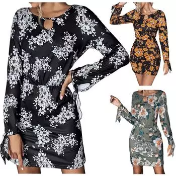 Женская мода повседневное темпераментное кружевное платье с длинным рукавом и принтом M чёрный