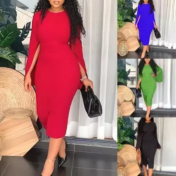 Женская мода повседневное темпераментное облегающее однотонное платье с длинными рукавами и круглым вырезом с разрезом S чёрный