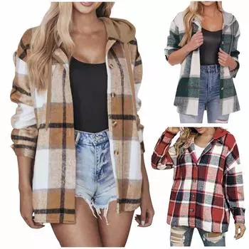 Женская мода повседневное темпераментное пальто в клетку с капюшоном и пуговицами из шерсти с длинным рукавом XXL зелёный