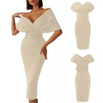 Женская мода повседневное темпераментное платье с открытыми плечами и высокой талией с поясом L бежевый