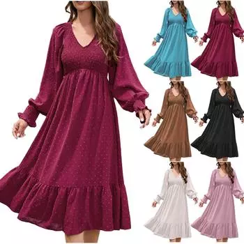 Женская мода повседневное темпераментное платье с V-образным вырезом и дряблой юбкой с длинными рукавами L чёрный