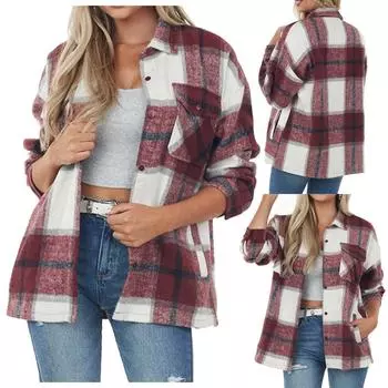 Женская мода повседневное темпераментное шитье в клетку на пуговицах шерстяное пальто с длинным рукавом M красный