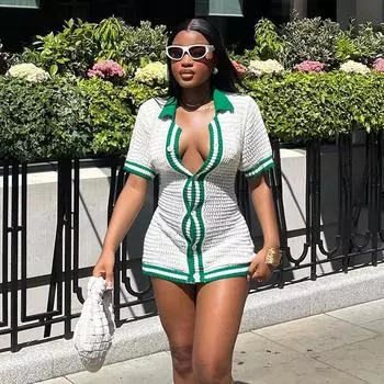 Женская мода повседневное трикотажное платье в рубчик с коротким рукавом и пуговицами на талии, юбка L белый