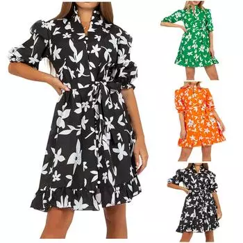 Женская мода повседневное весеннее и летнее платье до середины икры с коротким рукавом и v-образным вырезом с цветочным принтом L чёрный