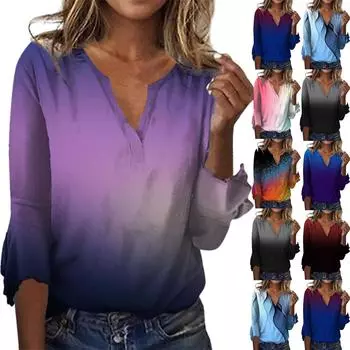 Женская мода, повседневные блузки с v-образным вырезом и принтом, футболка с рукавом 3/4 и колокольчиком