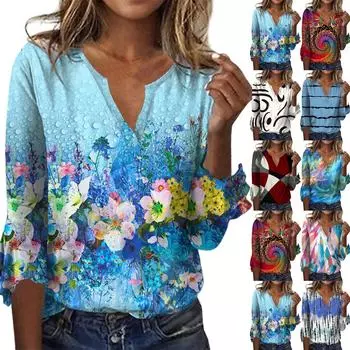 Женская мода, повседневные блузки с v-образным вырезом и принтом, футболка с рукавом 3/4 и колокольчиком