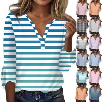 Женская мода, повседневные блузки с v-образным вырезом и принтом, футболка с рукавом 3/4 и колокольчиком