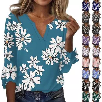 Женская мода, повседневные блузки с v-образным вырезом и принтом, футболка с рукавом 3/4 и колокольчиком L синий