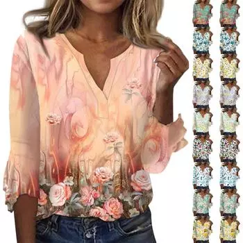 Женская мода, повседневные блузки с v-образным вырезом и принтом, футболка с рукавом 3/4 и колокольчиком S зелёный