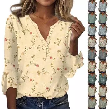 Женская мода, повседневные блузки с v-образным вырезом и принтом, футболка с рукавом 3/4 и колокольчиком L армия зеленый