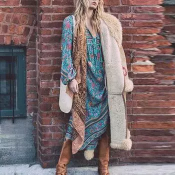 Женская мода, повседневные богемные платья с v-образным вырезом и длинными рукавами, длинные платья, платья XXL синий