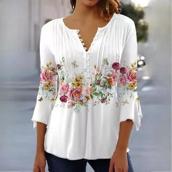 Женская мода повседневные футболки и топы с леопардовым принтом, рукавами 3/4 и V-образным вырезом S белый