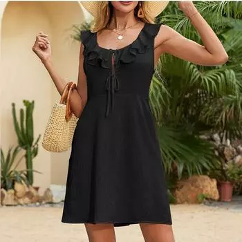 Женская мода повседневные квадратные вырезы с оборками повседневные прямые платья L чёрный