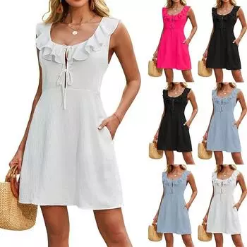 Женская мода повседневные квадратные вырезы с оборками повседневные прямые платья L чёрный