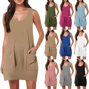 Женская мода Повседневные платья без рукавов Сплошные платья Пляжные платья L армия зеленый