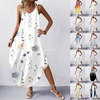 Женская мода Повседневные платья без рукавов с v-образным вырезом Платья с принтом Пляжные длинные платья L