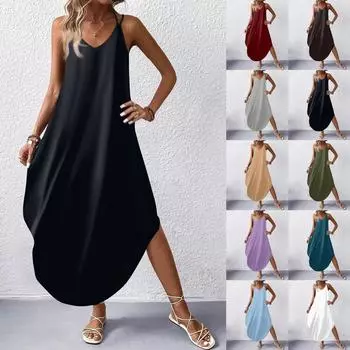 Женская мода Повседневные платья без рукавов с v-образным вырезом Платья с принтом Пляжные длинные платья XXXL синий