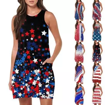Женская мода Повседневные платья без рукавов Платья с принтом ко Дню независимости Пляжные платья L чёрный