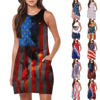 Женская мода Повседневные платья без рукавов Платья с принтом ко Дню независимости Пляжные платья L синий