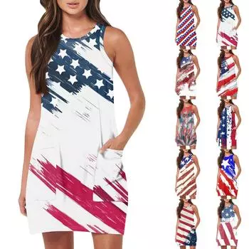 Женская мода Повседневные платья без рукавов Платья с принтом ко Дню независимости Пляжные платья L синий