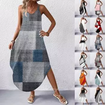 Женская мода Повседневные платья без рукавов с v-образным вырезом Платья с принтом Пляжные длинные платья XXL винный