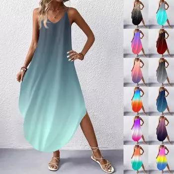 Женская мода Повседневные платья без рукавов с v-образным вырезом Платья с принтом Пляжные длинные платья M