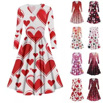 Женская мода повседневные платья на День святого Валентина с принтом, длинным рукавом и V-образным вырезом, сексуальные платья L