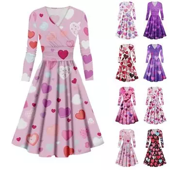 Женская мода повседневные платья на День святого Валентина с принтом, длинным рукавом и V-образным вырезом, сексуальные платья L темно-фиолетового