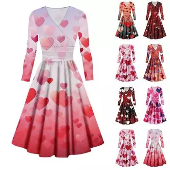 Женская мода повседневные платья на День святого Валентина с принтом, длинным рукавом и V-образным вырезом, сексуальные платья L