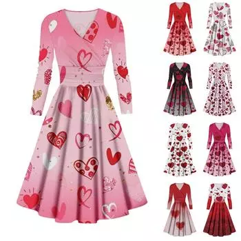 Женская мода повседневные платья на День святого Валентина с принтом, длинным рукавом и V-образным вырезом, сексуальные платья L