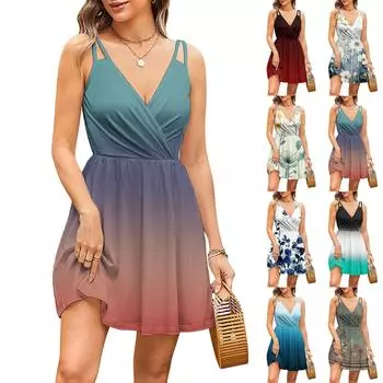 Женская мода повседневные платья с V-образным вырезом и бретелями без рукавов с цветочным принтом XXL тёмно-синий