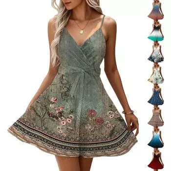 Женская мода повседневные платья с V-образным вырезом и бретелями без рукавов с принтом XL бежевый